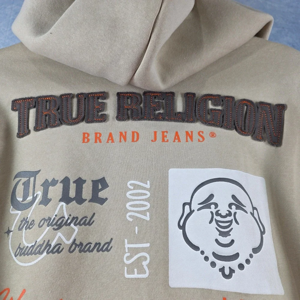 True Religion Mens Applique‎ Multi Zip Hoodie Fog Beige Fleece XXL 701228 NEW